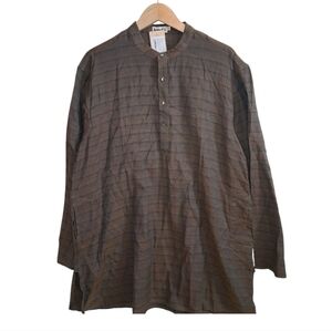 Fabindia Mens Kurta Tunic Shirt‎ XL Tan/ Gray Striped Long Sleeve